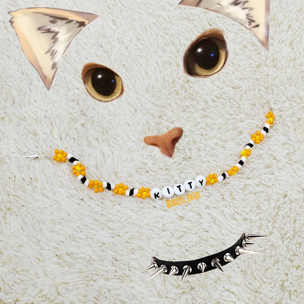Handmade KITTY Beaded Orange Daisy Flower Chain Black White Cat Eyes Bracelet